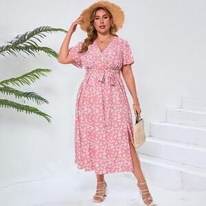 4X Plus Size Fashion Flutter Sleeve Floral Belted Maxi Dress